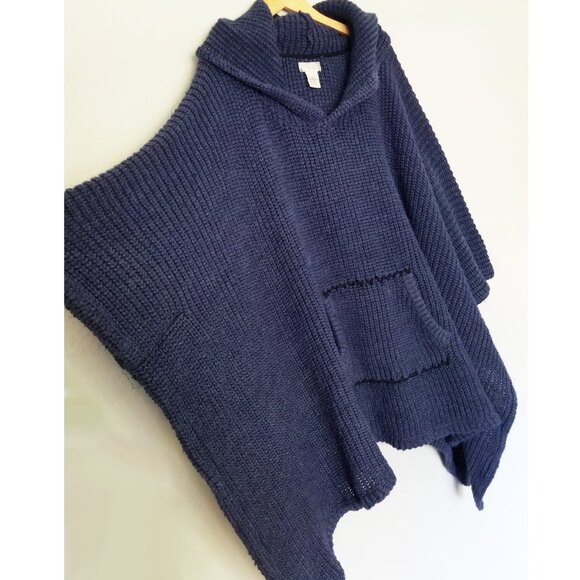 Free People Hooded Chunky Knit Oversized Poncho Ribbed Knit Pocket Navy Blue OS - Picture 11 of 16